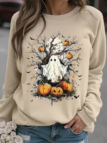 EMERY ROSE Plus Size Women Autumn/Winter Fall Halloween Pumpkin & Ghost Print Sweatshirt Top - Apricot - View 4
