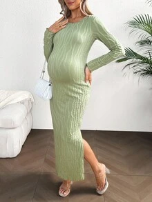 SHEIN Vestido de maternidad minimalista de unicolor, ajustado, sin espalda, de manga larga y con lazo en la espalda - Verde - Ver 3