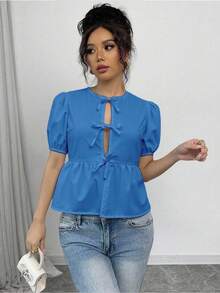 SHEIN Unity 女式夏季泡泡袖蝴蝶结衬衫 - 藍色 - 查看 3