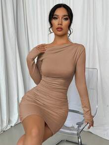 Elenzga Women's Elegant Asymmetric Ruched Fitted Mini Dress, Solid Color, Spring/Autumn Fall Cloth For Women - Brown - View 4