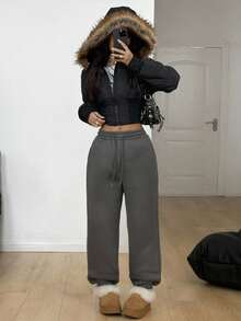 Coolane Women's Fall/Winter Warm Comfy Going Out Streetwear Elastic Waist Drawstring Casual Grey Pants With Pockets, Thermal Lined, Loose Fit