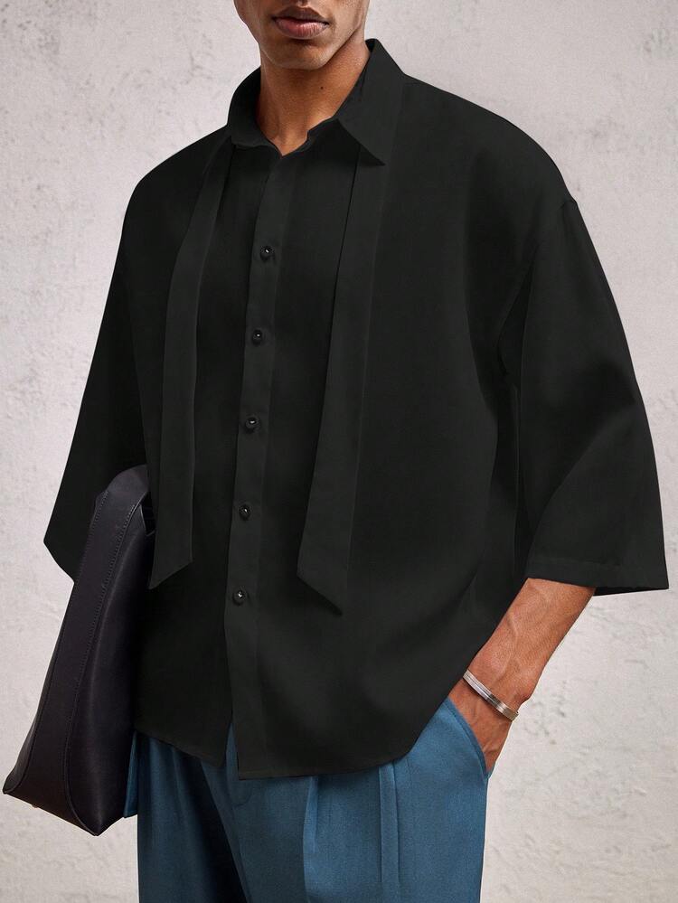 Men's Loose Fit Raglan Short Sleeve Collared Casual Shirt, Suitable For Daily Wear, School