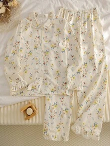 少女雏菊印花雪纺长袖上衣和裤子两件套睡衣套装，带荷叶边袖口 - 黃色 - 查看 5
