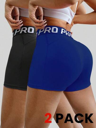 Slayform 2pcs Women's Letter Waistband Fitted Casual Fitness Yoga Running Shorts Spandex Shorts