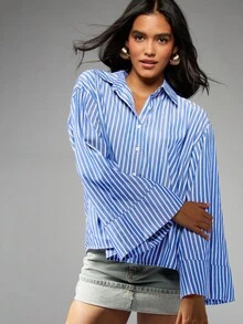 MISSGUIDED 女式超大号纽扣条纹衬衫宽袖口长袖翻领商务休闲办公室衬衫周末上衣专业工作服 - 藍色 - 查看 6
