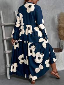 Breezaya 大码女式V领花卉印花宽松休闲长裙 - 藏蓝色 - 查看 2