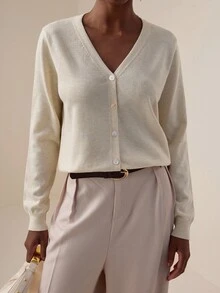 Lyxana Women's Solid Color Long Sleeve Single-Breasted Casual Knitted Cardigan, Autumn Fall Winter Cloth For Women - Apricot - View 5