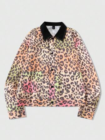 Street Life Chaqueta de estilo callejero para hombre con estampado de leopardo americano y contraste de color, para otoño