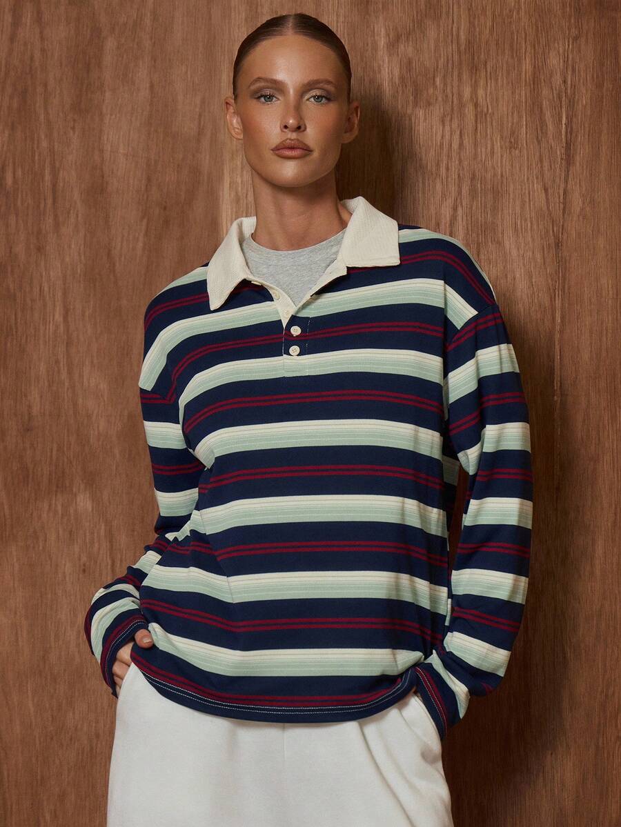 MUSERA 超大款长袖条纹纽扣细节橄榄球T恤，可爱假日度假机场休闲优雅上衣，仅供女性办公室着装，适合秋季、春季和夏季穿着。 - 寶藍色 - 查看 1