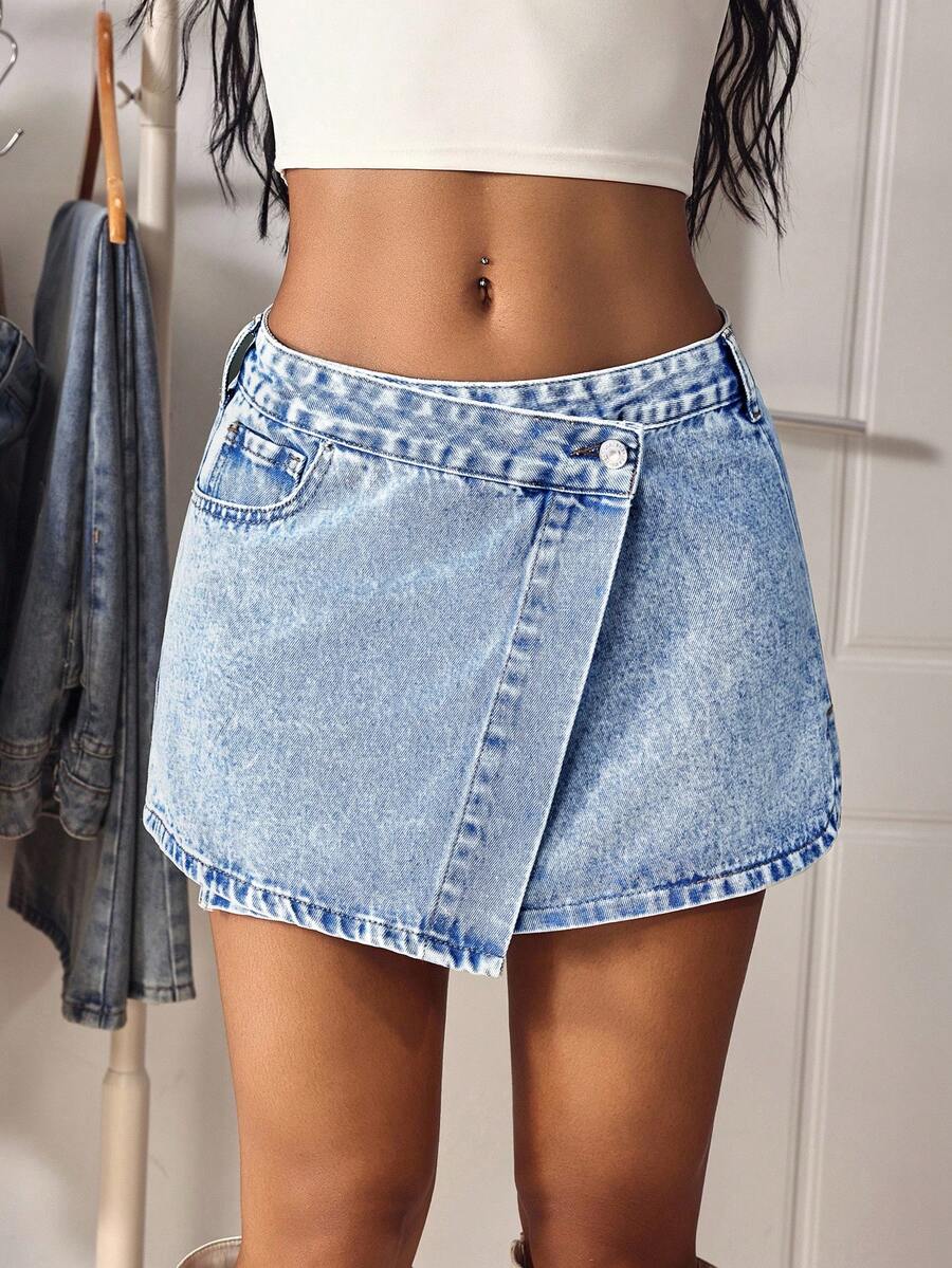 SHEIN Tall 女式不对称下摆牛仔迷你裙，带口袋，夏季时尚 - 淺色水洗藍 - 查看 1