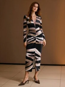 MOTF PREMIUM DEEP V-NECK STRIPED GATHERED DRESS - Coffee Brown - View 6