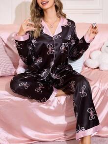 珍珠蝴蝶结印花长袖领女士睡衣套装丝质睡衣套装黑色睡衣套装，秋季服装 - 彩色 - 查看 3