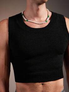 FeverCity Men's Solid Color Round Neck Casual Sleeveless Knit Vest, Autumn, For Fall Winter - Black - View 4