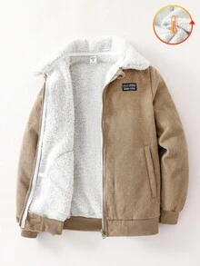 SHEIN 青少年男孩休闲翻领长袖羊毛开衫夹克、外套 - 卡其色 - 查看 3