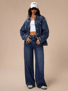 SHEIN Forever 21 Women's Casual Loose Fit Pockets Denim Jeans - Navy Blue - View 5