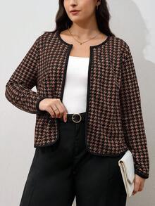 SHEIN Clasi 秋季大码女式千鸟格印花长袖开襟休闲夹克 - 棕色 - 查看 5