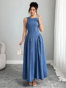 Selianne 年轻女士蝴蝶结褶饰修身牛仔连衣裙