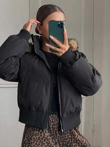 DAZY Áo khoác lông trùm đầu dáng rộng, dáng ngắn, có đệm cho nữ mùa đông - màu đen - Xem 3