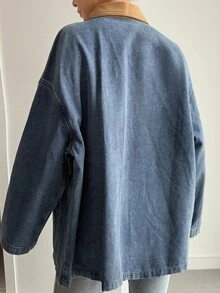 Livesso Women's Loose Denim Jacket With Fabric Patchwork, Autumn - Blue - View 2