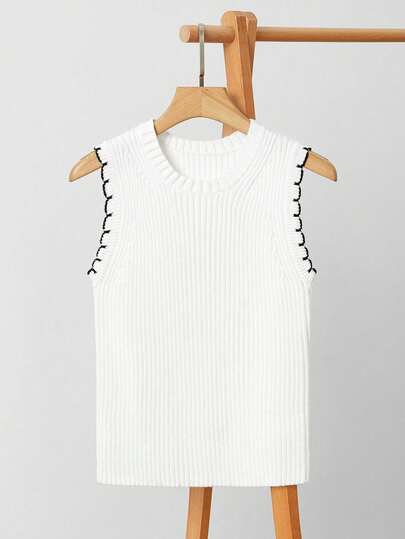 Uhlyne 优雅休闲圆领黑白撞色针织背心，带条纹饰边，适合通勤、夏秋季