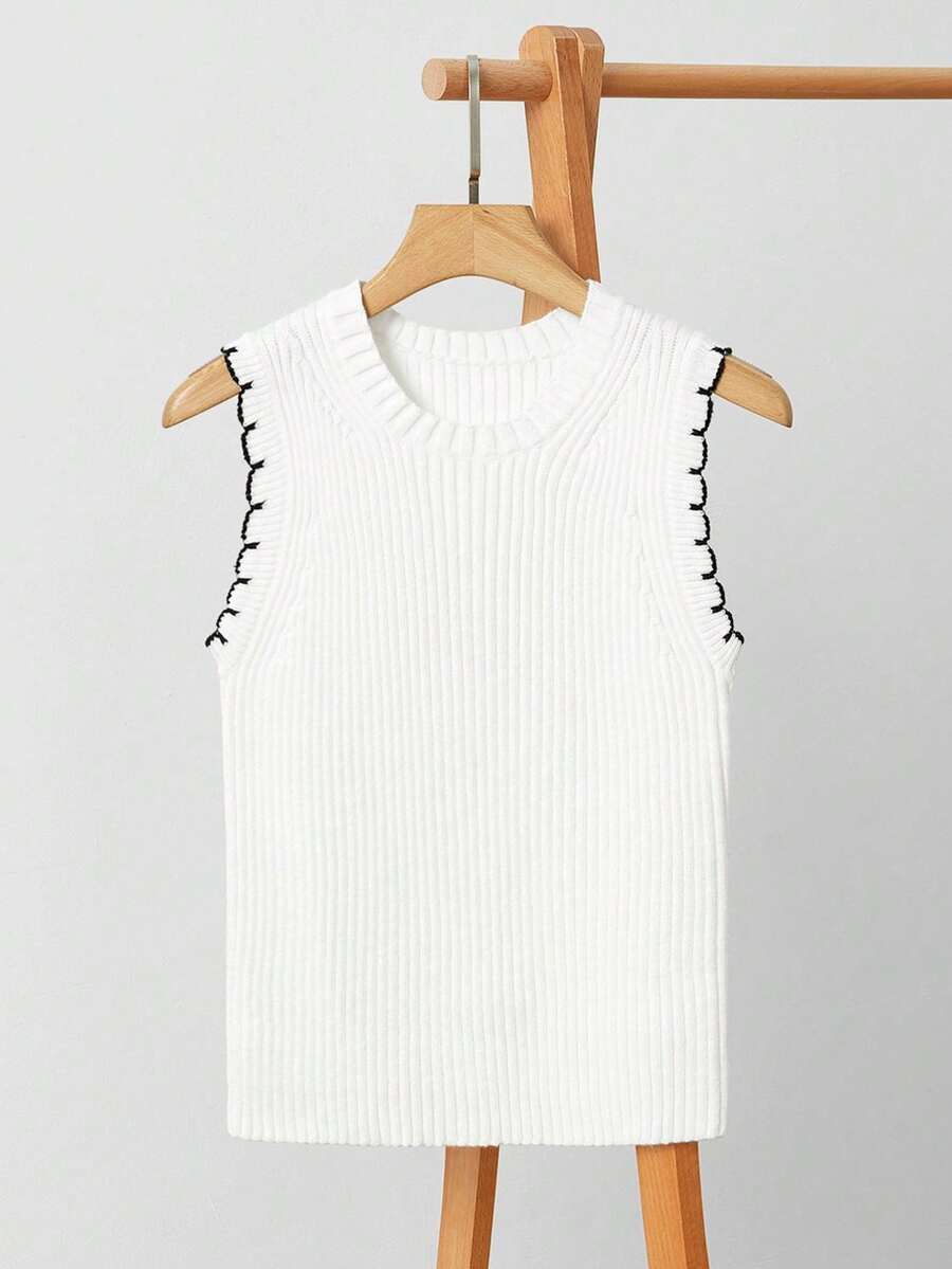 Uhlyne 优雅休闲圆领黑白撞色针织背心，带条纹饰边，适合通勤、夏秋季 - 白色 - 查看 1