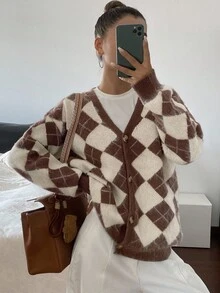 DAZY Brown Plaid Loose Casual Cardigan Sweater For Women, Autumn/Winter - Brown - View 1