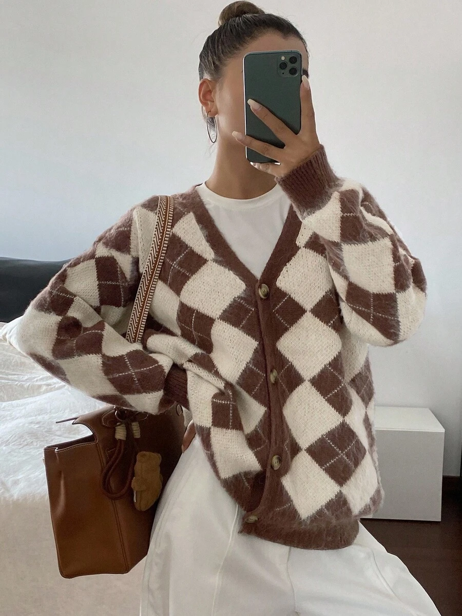 DAZY Brown Plaid Loose Casual Cardigan Sweater For Women, Autumn/Winter - Brown - View 1