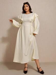 Elaquor Plus Size Casual Solid Color Ruffle Hem Dress Plus Size Church Dress Plus Size Modest Dress Curve Elegant Dress Plus Size Cream Dress Dress Modest Plus Size Cream Ruffle Dress Cream Dress Plus Size
