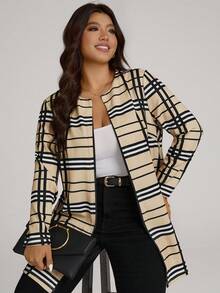 Comfylo Plus Size Women Open Front Plaid Print Casual Jacket, Autumn Outerwear Plus Size Fall Clothes Fall Women Clothes Fall Clothes Plus Size Fall Outfits For Women  Fall Outfits Women Winter