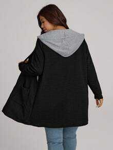 Comfylo Plus Size Color Block Double Layer Textured Fabric Faux Twofer Pocket Jacket, Long Sleeve Fall Clothes For Women Fall Outfits Women Winter Autumn - Black - View 2