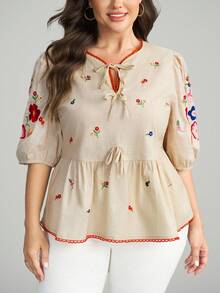 Comfylo 大码女士休闲花卉刺绣衬衫，适合度假外出穿着，秋季女装 - 黃色 - 查看 6