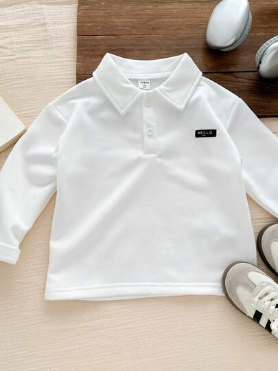 Genkimix Kids 1pc Young Boy Letter Patchwork Half-Open Collar Long Sleeve T-Shirt, Single Item, Autumn/Winter Fall