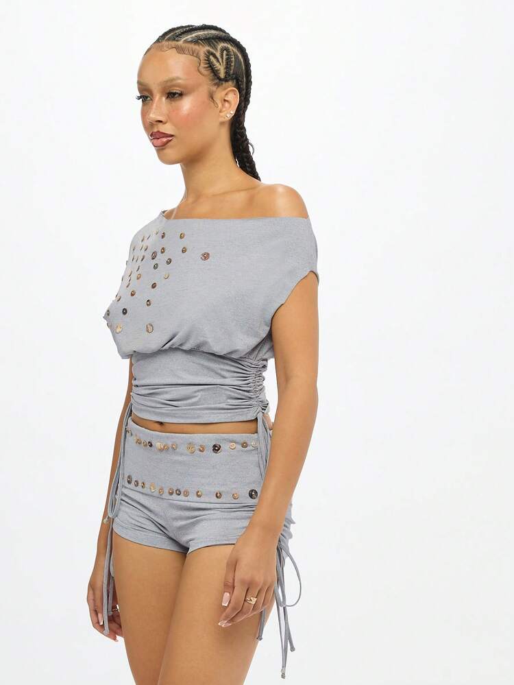 SUMWON WOMEN Button Detail Ruched Jersey Shorts