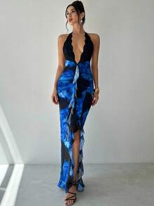 Firerie Đầm Maxi Ôm Body Dáng Chữ A Màu Xanh Thanh Lịch, Cổ Chữ V, Hở Lưng, Ren Họa Tiết Nghệ Thuật, Đường Riềm Xếp Nếp, Dành Cho Nữ, Thích Hợp Đi Biển, Nghỉ Dưỡng, Tiệc Tùng, Lễ Hội Âm Nhạc - Màu xanh lam - Xem 6