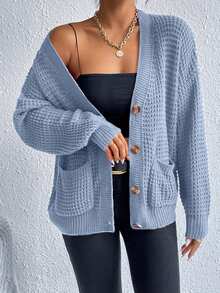 EURMUSE Cardigan casual à manches longues à épaules tombantes, boutonnage simple, poches, couleur unie, automne pour femmes - Bleu ciel - Voir 3