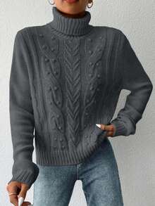 EURMUSE Áo len cổ lọ trơn màu thường ngày dành cho nữ, Thu/Đông - Xám - Xem 4