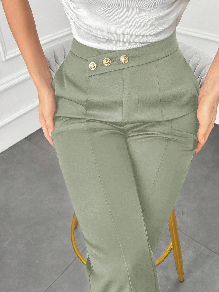 Modelyn Women's Solid Color High-Waisted Suit Pants, Suitable For Work Autumn Winter - Green - View 1