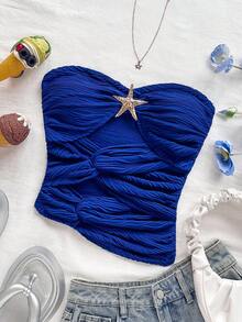 Soleia 女士度假白色针织纹理面料修身露肩上衣，海星镂空不对称下摆，性感修身时尚上衣，适合派对、约会、情人节、狂欢节、复活节、西部、音乐节、海滩、邮轮、春夏季 - 寶藍色 - 查看 3