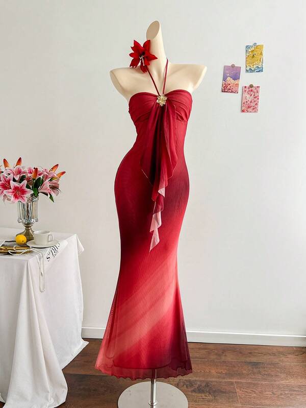 Soleia 女士度假针织网眼渐变浪漫修身挂脖系带金属扣装饰鱼尾连衣裙，适合派对、约会、下午茶，性感优雅