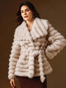 Anewsta Women's Smooth Faux Fur Collar Belted Striped Layered Autumn/Winter Faux Fur Coat - White - View 5