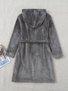 男童灰色字母刺绣阻燃长袖连帽羊毛浴袍家居服 - 深灰色 - 查看 2