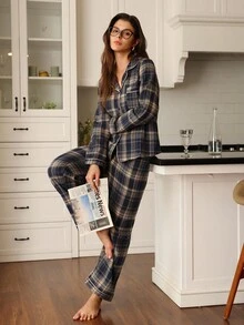 SHEIN 棉质面料格子休闲翻领长袖睡衣套装女士格子睡衣女士睡衣套装秋季女士睡衣舒适睡衣套装格子睡衣女士睡衣套装舒适睡衣套装冬季睡衣秋季服装，舒适优雅细节 - 藍色 - 查看 6