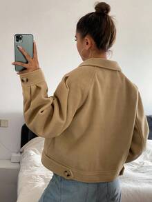 DAZY Áo khoác ngoài dày dáng rộng, dài tay, cài hai hàng khuy, cổ bẻ, thời trang thu/đông cho nữ - Màu Khaki - Xem 2
