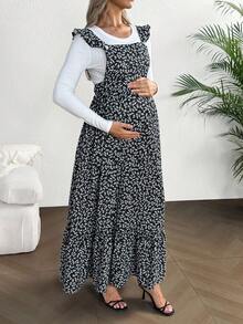 SHEIN Váy bầu tay lỡ họa tiết hoa thanh lịch cho kỳ nghỉ - màu đen - Xem 4