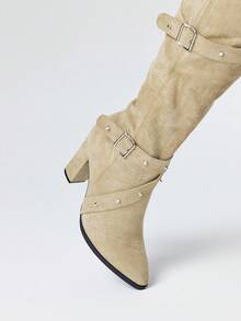 ROMWE Grunge Punk Giày bốt cao đến đùi mũi nhọn gót dày mới 2025 dành cho nữ, giày bốt cưỡi ngựa đa năng chống trượt có dây khóa - Màu Khaki - Xem 3