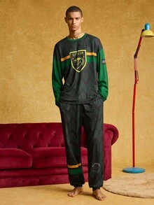 HARRY POTTER X SHEIN Men's Snake House Emblem Saw-Tooth Print Dropped Shoulder Loose Long Sleeve Top And Pants Loungewear Set, Spring/Autumn