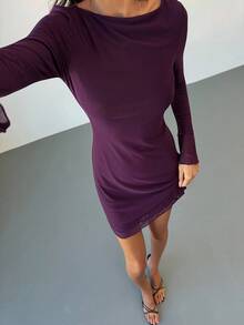 Aloruh Women's Sexy Backless Mesh Vintage Purple Mini Bodycon Fitted Dress, Autumn/Winter - Purple - View 5