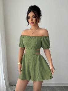 Elenzga Bộ đồ liền thân hở vai, nơ sau lưng dành cho nữ thường ngày - Casual-Woman Casual - Màu xanh Bạc hà - Xem 4