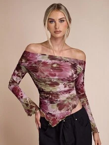 SHEIN BAE 女士花卉印花褶饰露肩性感长袖上衣 - 彩色 - 查看 3