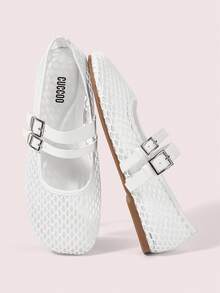 CUCCOO DOLLMOD Giày Mary Jane đế bằng lưới mũi tròn màu trắng thời trang dành cho nữ dịp Halloween & Giáng sinh - trắng - Xem 2